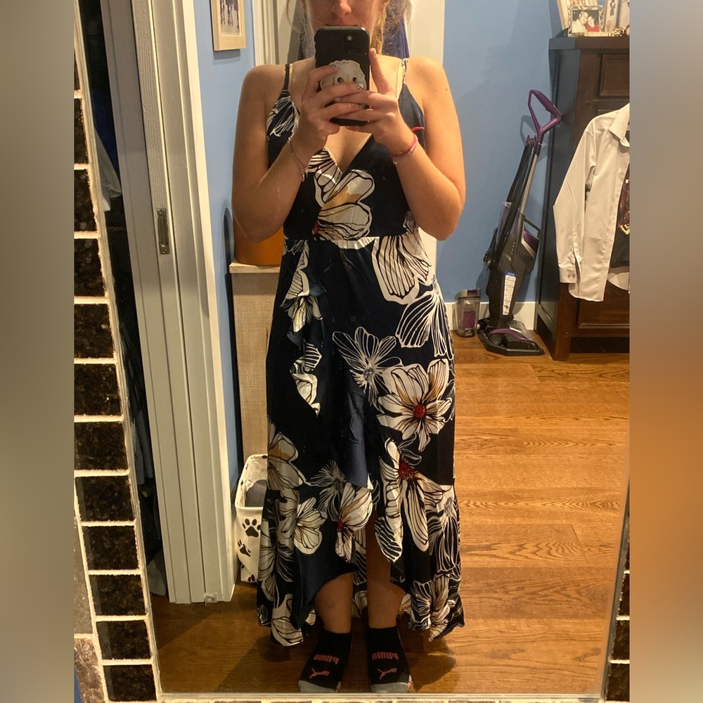Lulus Seeking Chic Navy Blue Floral Print Ruffled Faux-Wrap Midi Dress - Picture 8 of 14